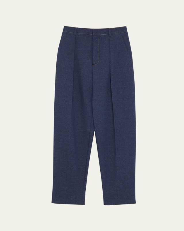 Melange Wool Drill Pleated Tapered-Leg Trousers
